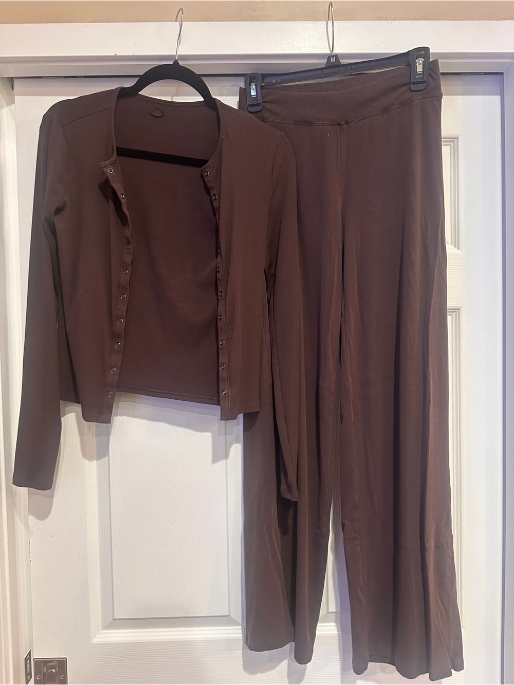 Vuori Brown Wide-Leg Pants with Matching Knit Cardigan Set